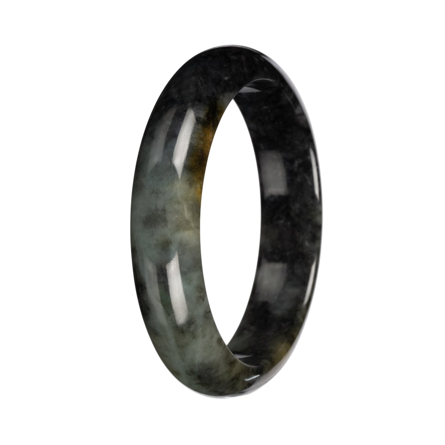 Authentic Deep Gray and Green Pattern Burmese Jade Bangle Bracelet - 58mm Half Moon