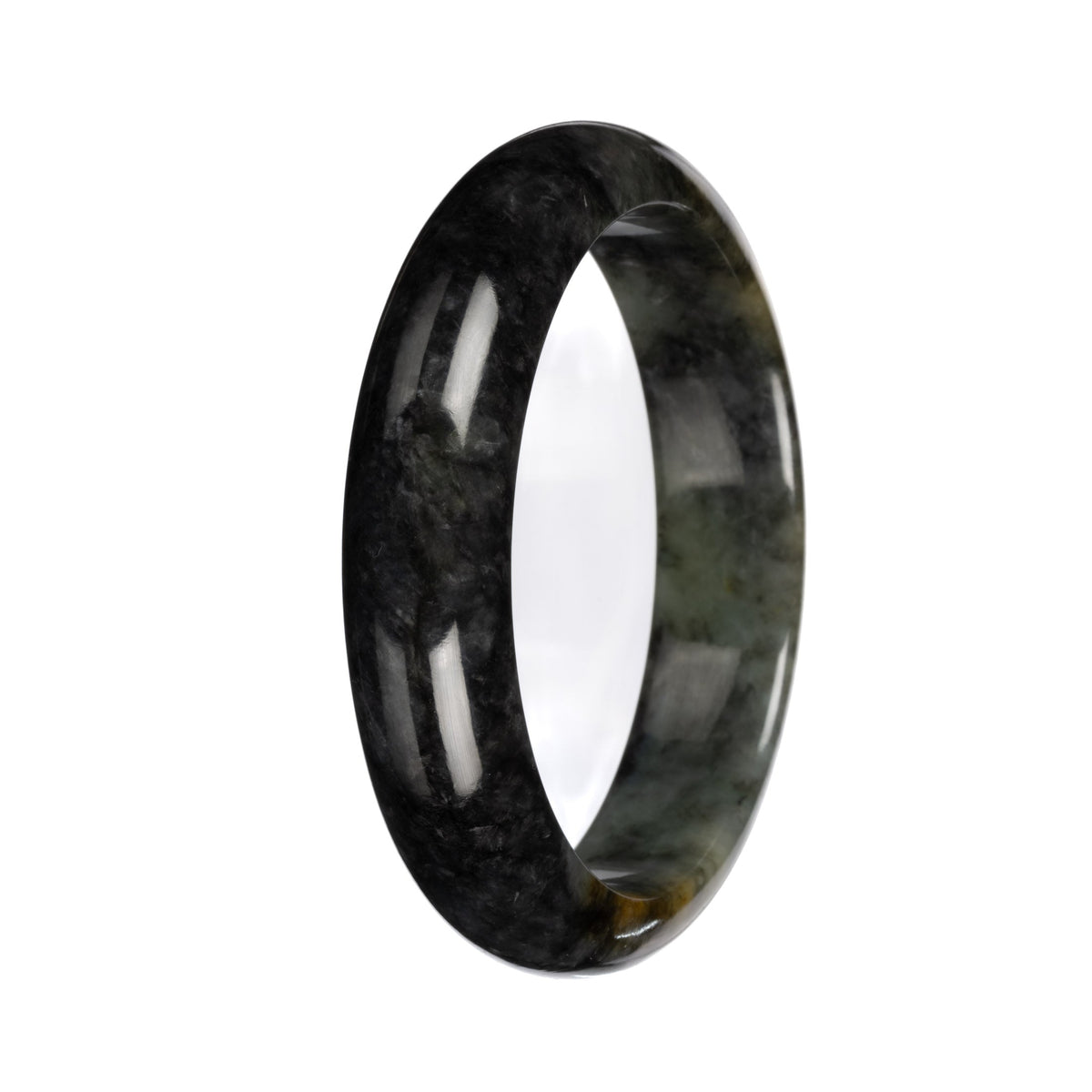 Authentic Deep Gray and Green Pattern Burmese Jade Bangle Bracelet - 58mm Half Moon