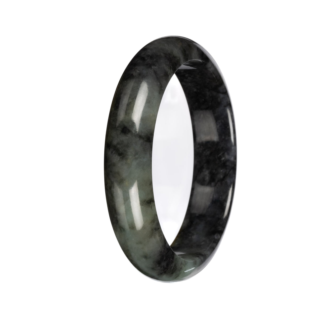 Authentic Deep Gray and Green Pattern Burmese Jade Bangle Bracelet - 58mm Half Moon