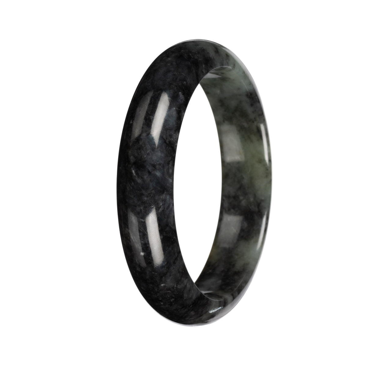 Authentic Deep Gray and Green Pattern Burmese Jade Bangle Bracelet - 58mm Half Moon
