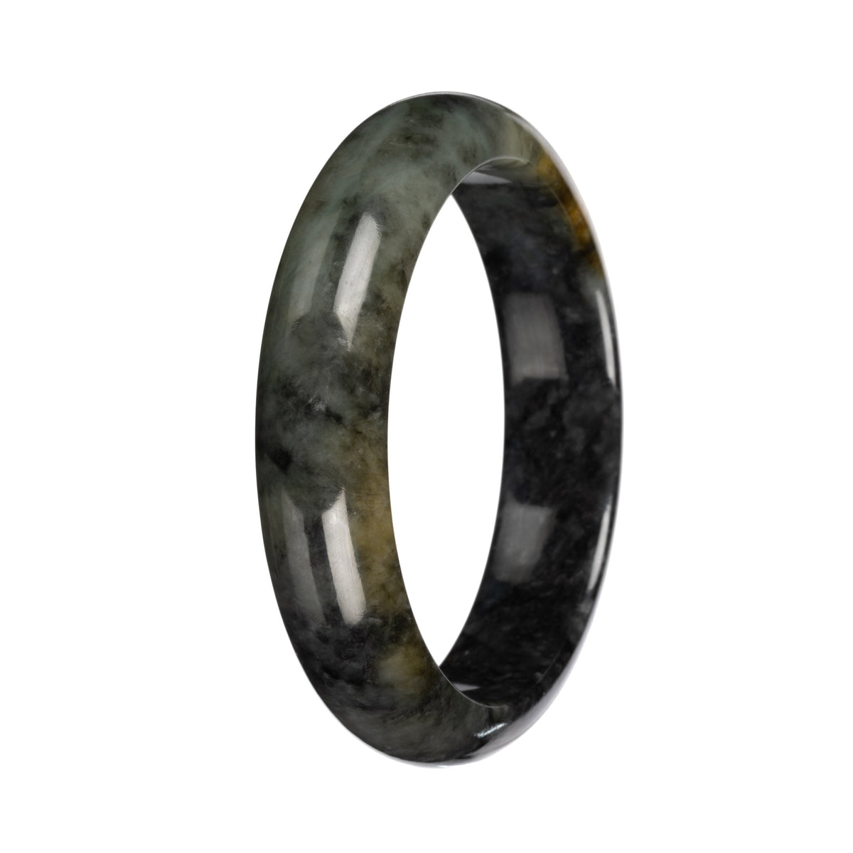 Authentic Deep Gray and Green Pattern Burmese Jade Bangle Bracelet - 58mm Half Moon