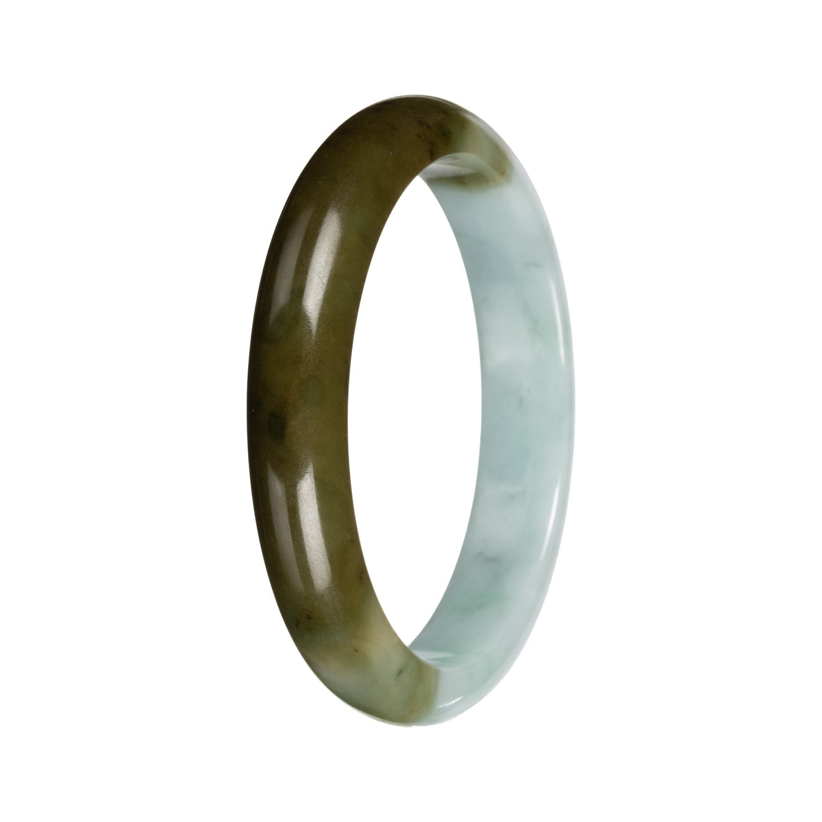 Real Light Green with Deep Olive Section Burmese Jade Bangle - 53mm Half Moon
