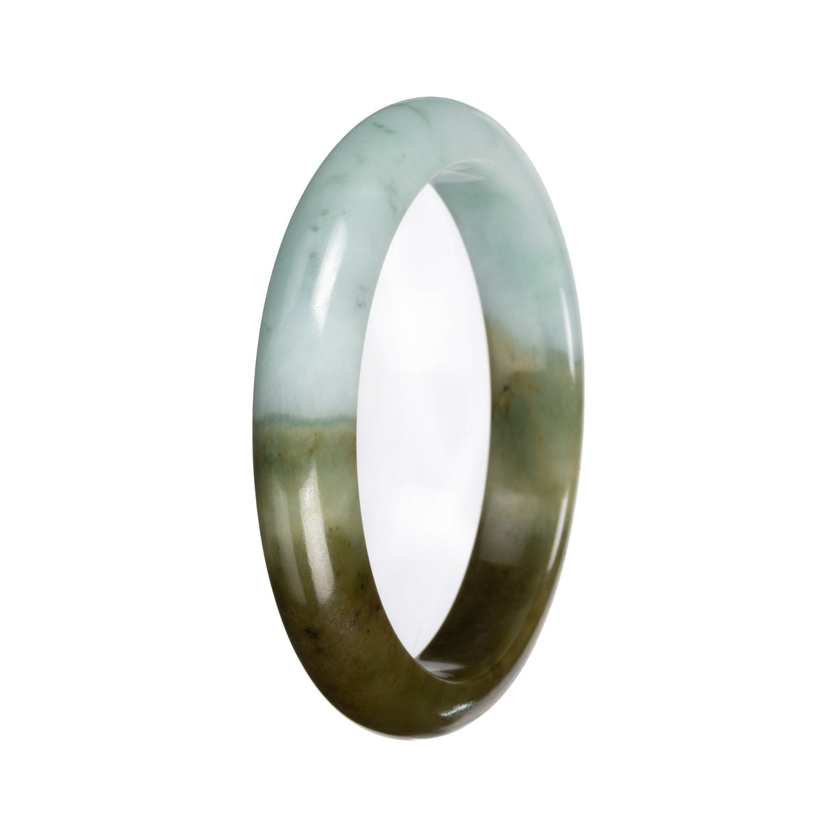 Real Light Green with Deep Olive Section Burmese Jade Bangle - 53mm Half Moon