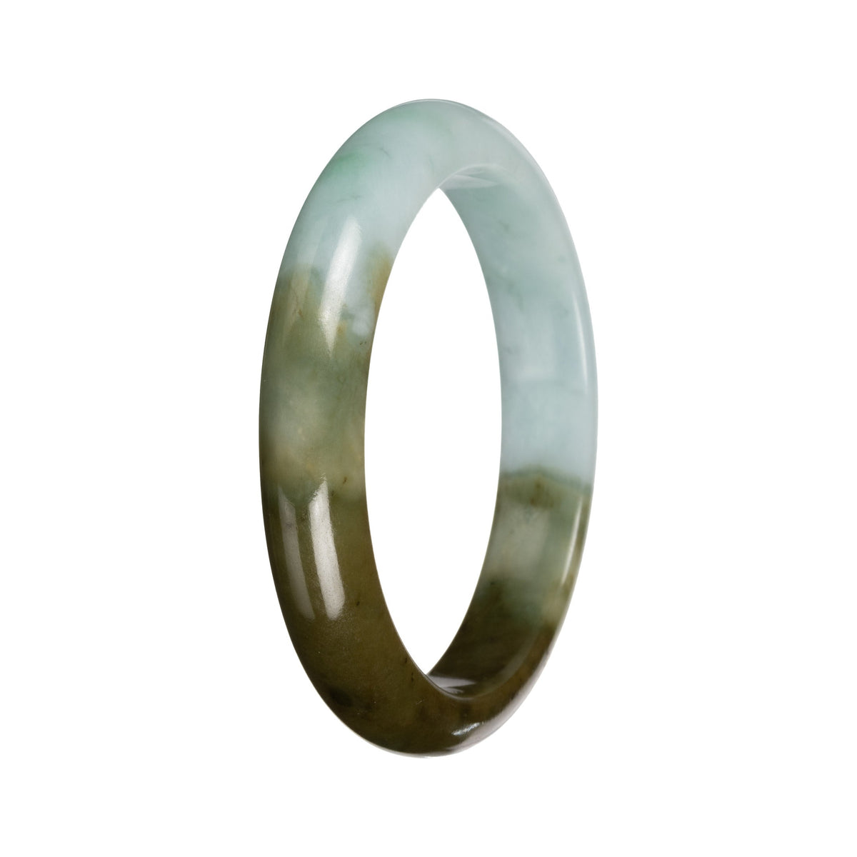 Real Light Green with Deep Olive Section Burmese Jade Bangle - 53mm Half Moon