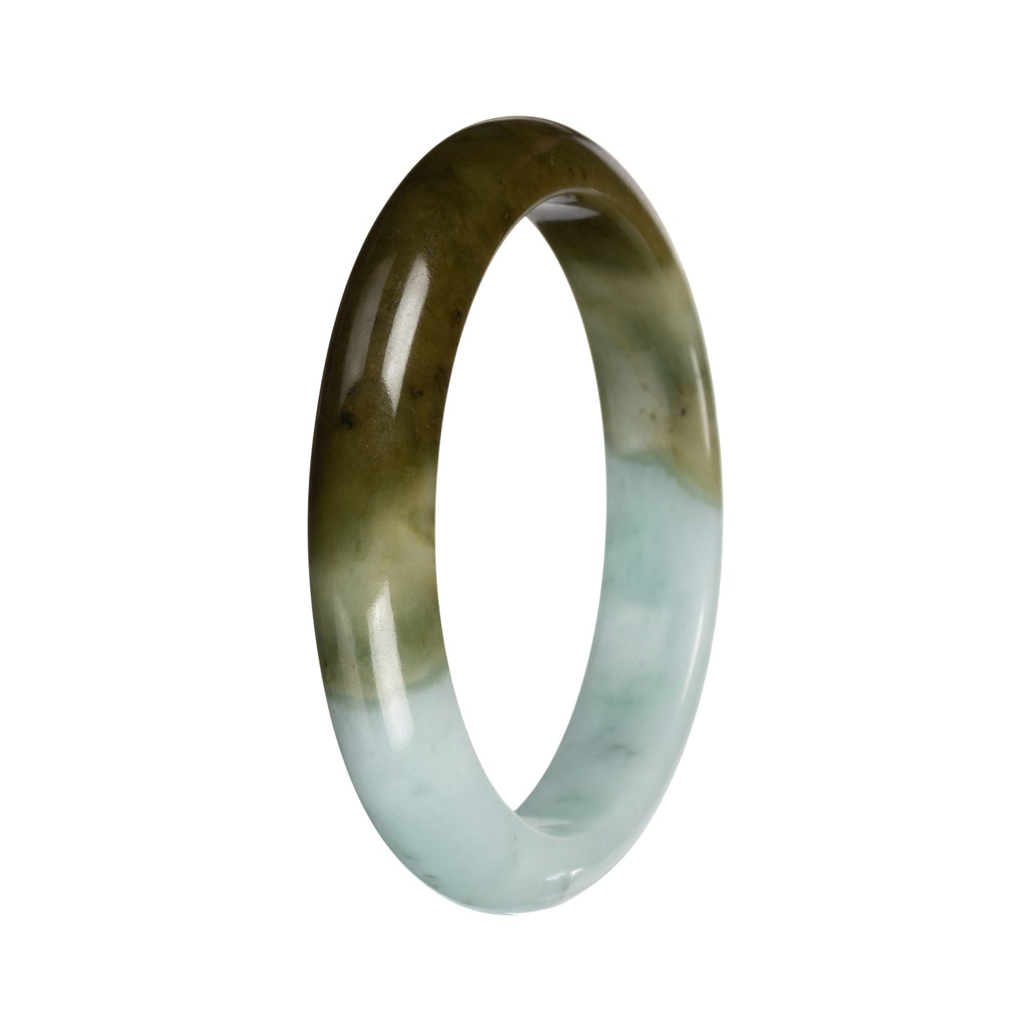 Real Light Green with Deep Olive Section Burmese Jade Bangle - 53mm Half Moon