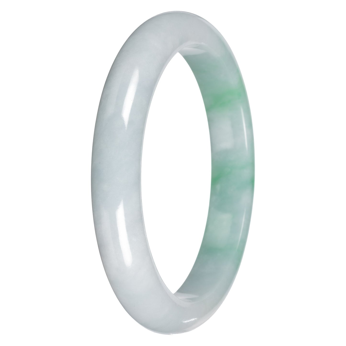 Real White with Apple Green Pattern Traditional Jade Bangle Bracelet - 65mm Half Moon