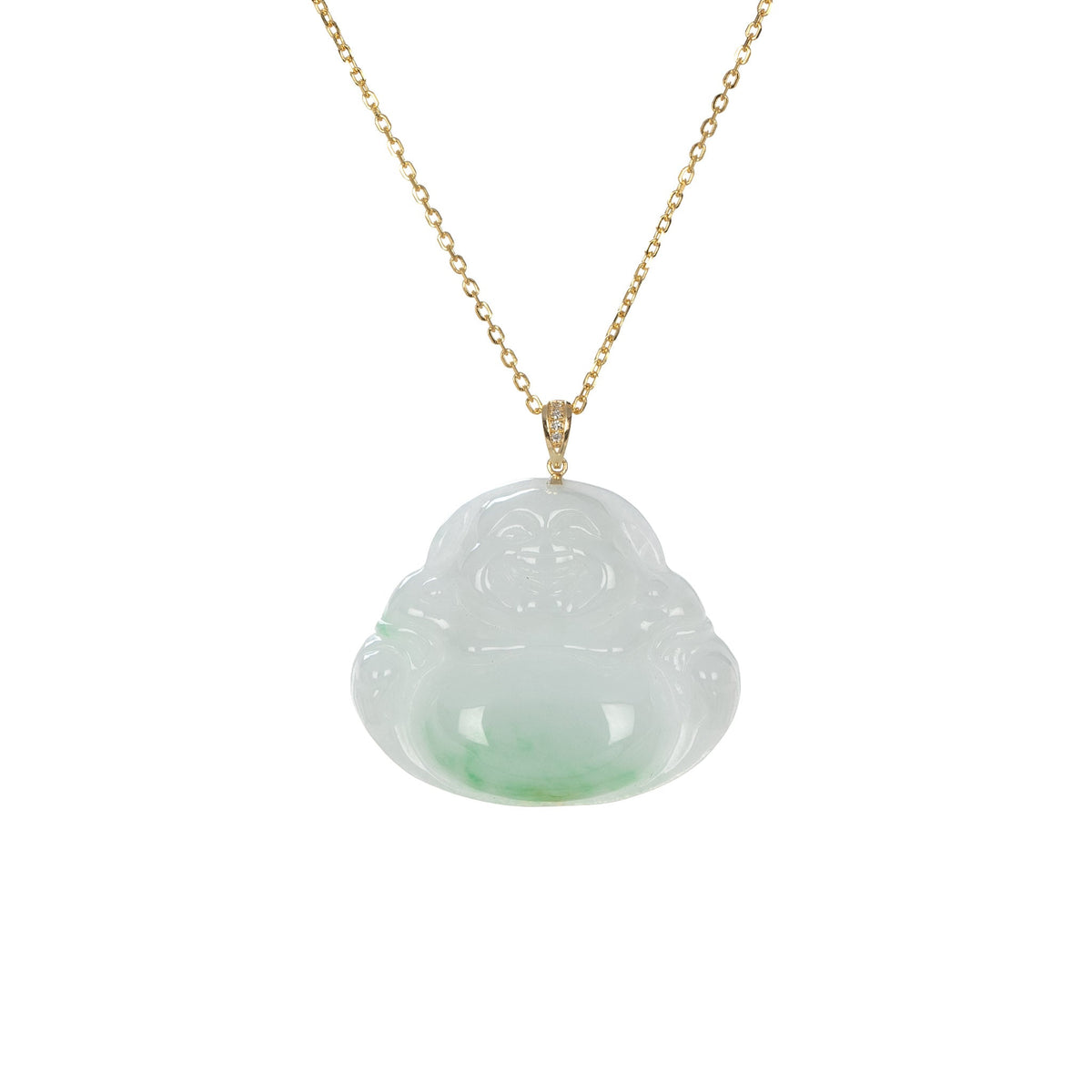 Grade A Laughing Buddha Jade Necklace - 18K Yellow Gold