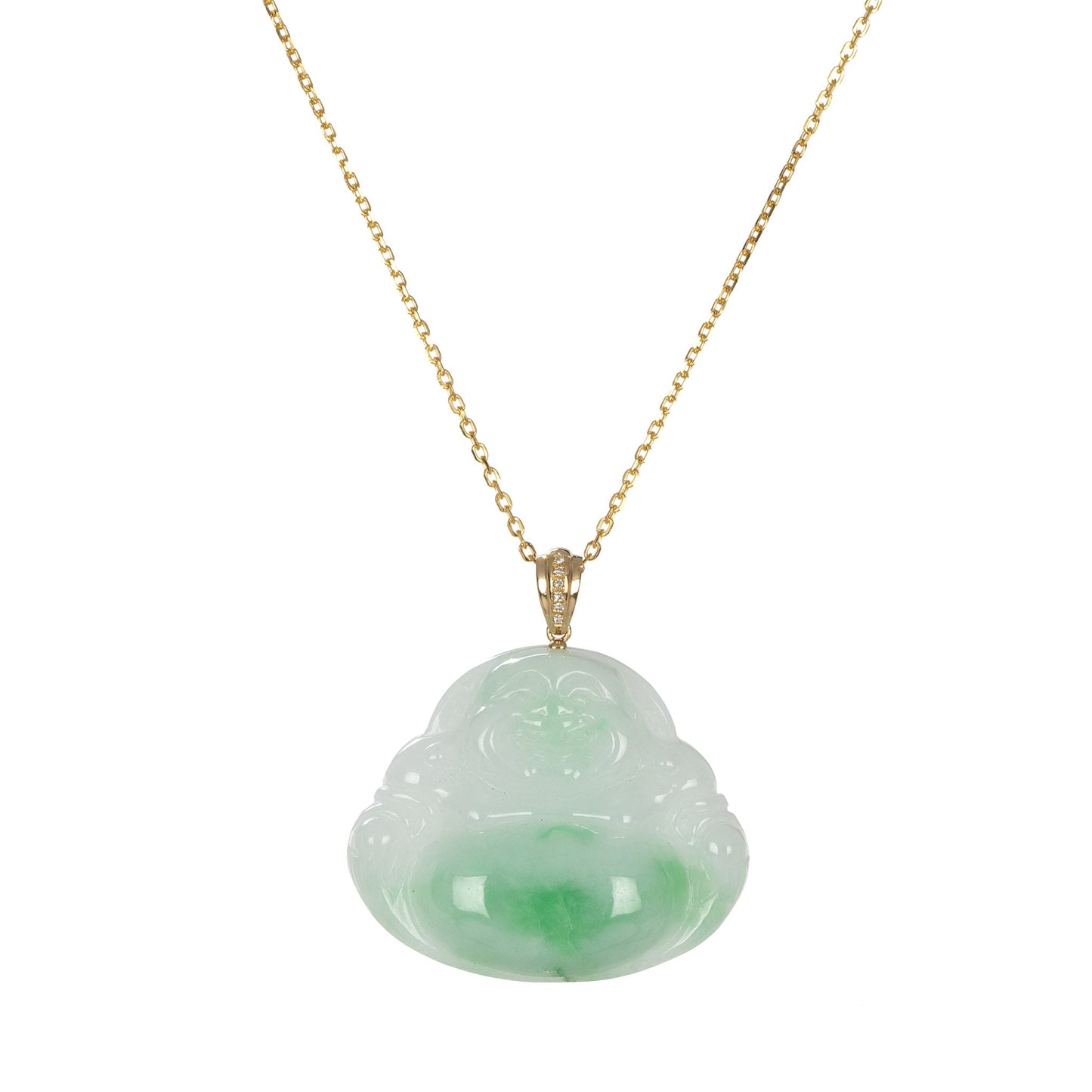 Grade A Happy Buddha Burmese Jade Necklace - 18K Yellow Gold