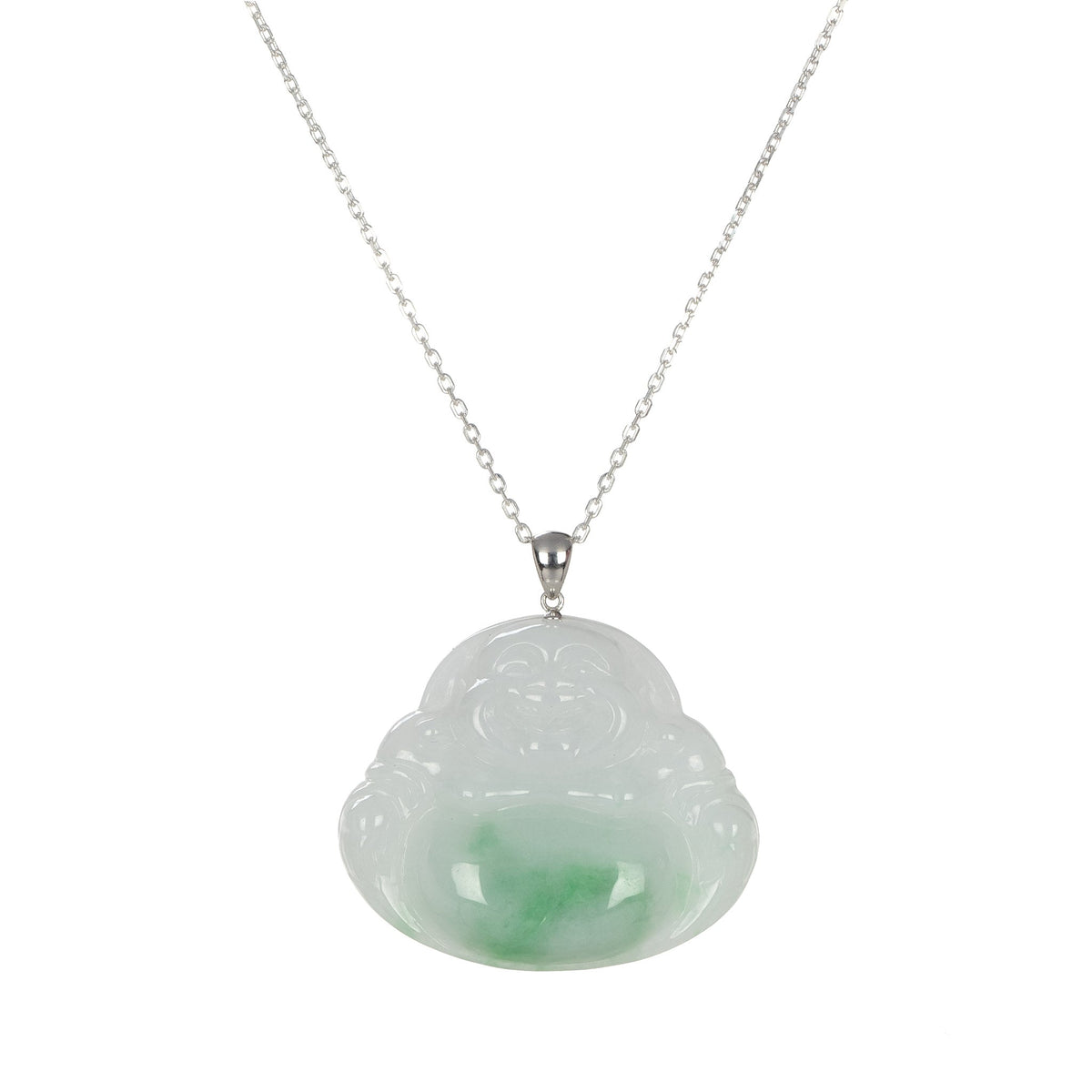 Untreated Lucky Buddha Jadeite Pendant - 18K White Gold