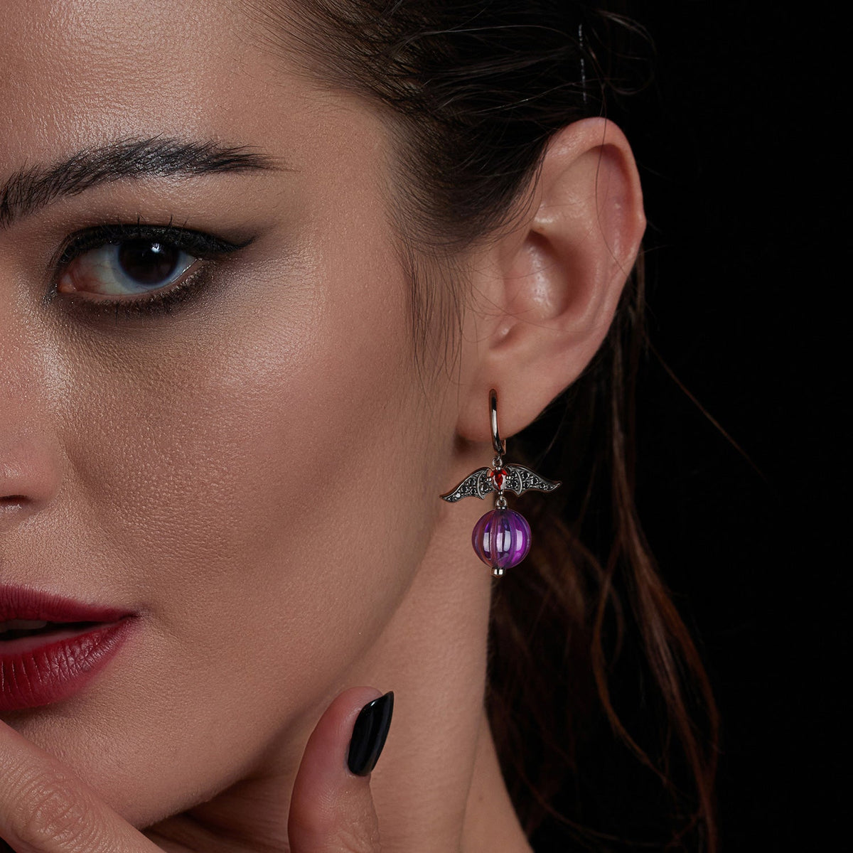 Amethyst Gothic Bat & Pumpkin Shaped Halloween Stud Earrings