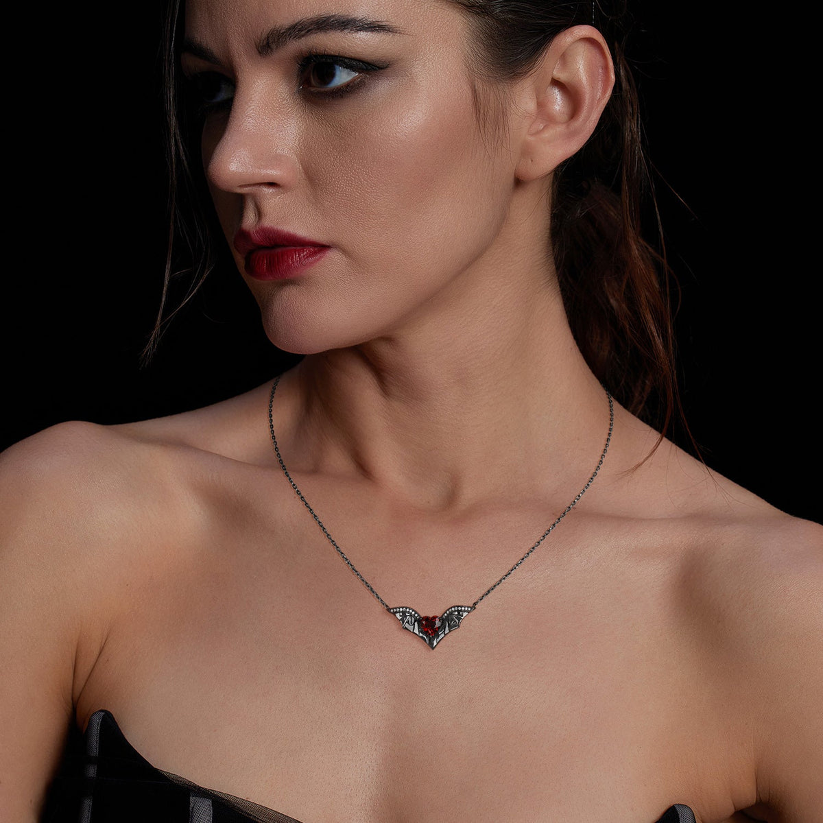 Gothic Bat Wing Inspired Heart Garnet 'Batsh*t Crazy' Black Gold Jewelry Set - Bat Jewelry Box