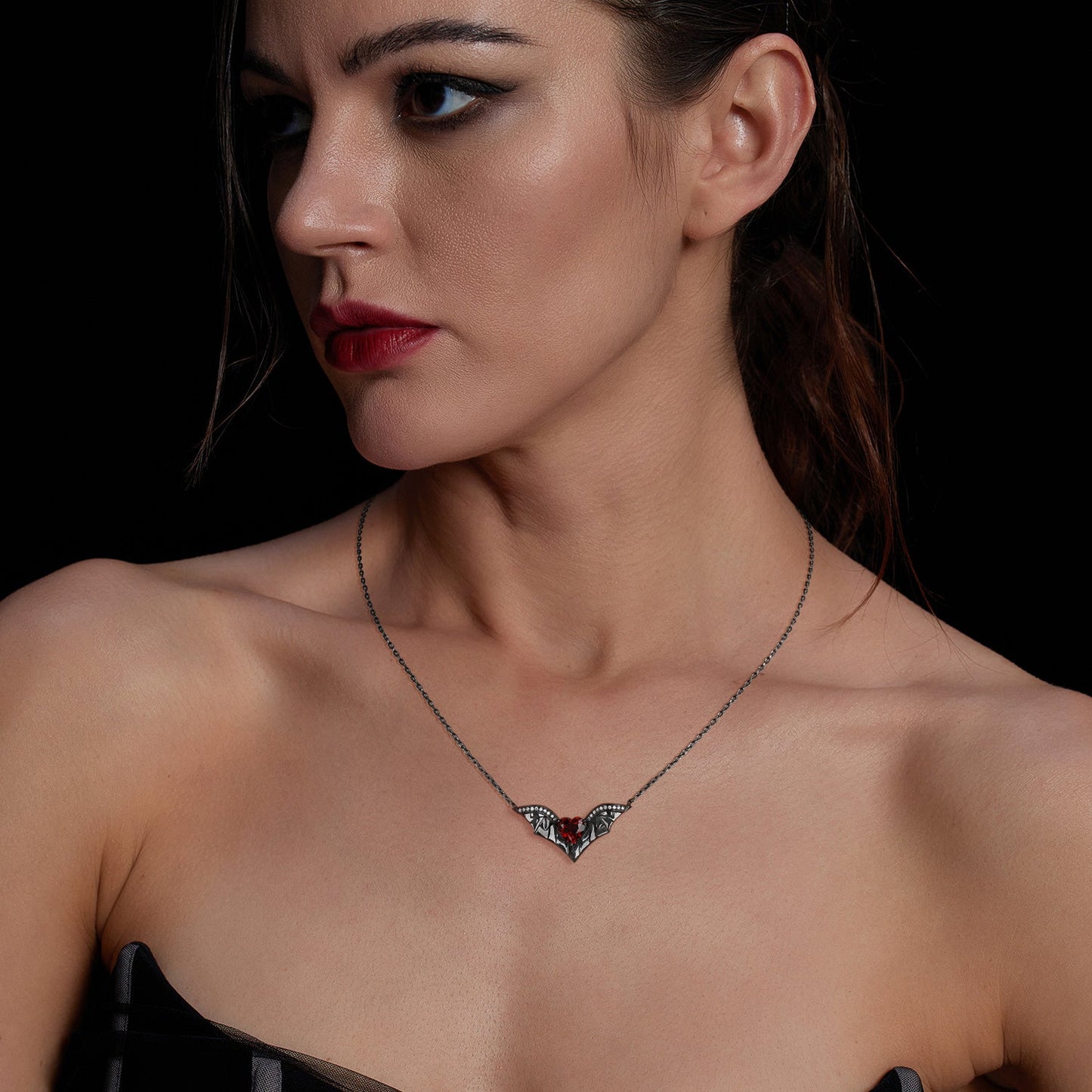 Gothic Style Coffin Garnet Bat Wing Inspired Black Gold Ring Jewelry Set - Bat Jewelry Box