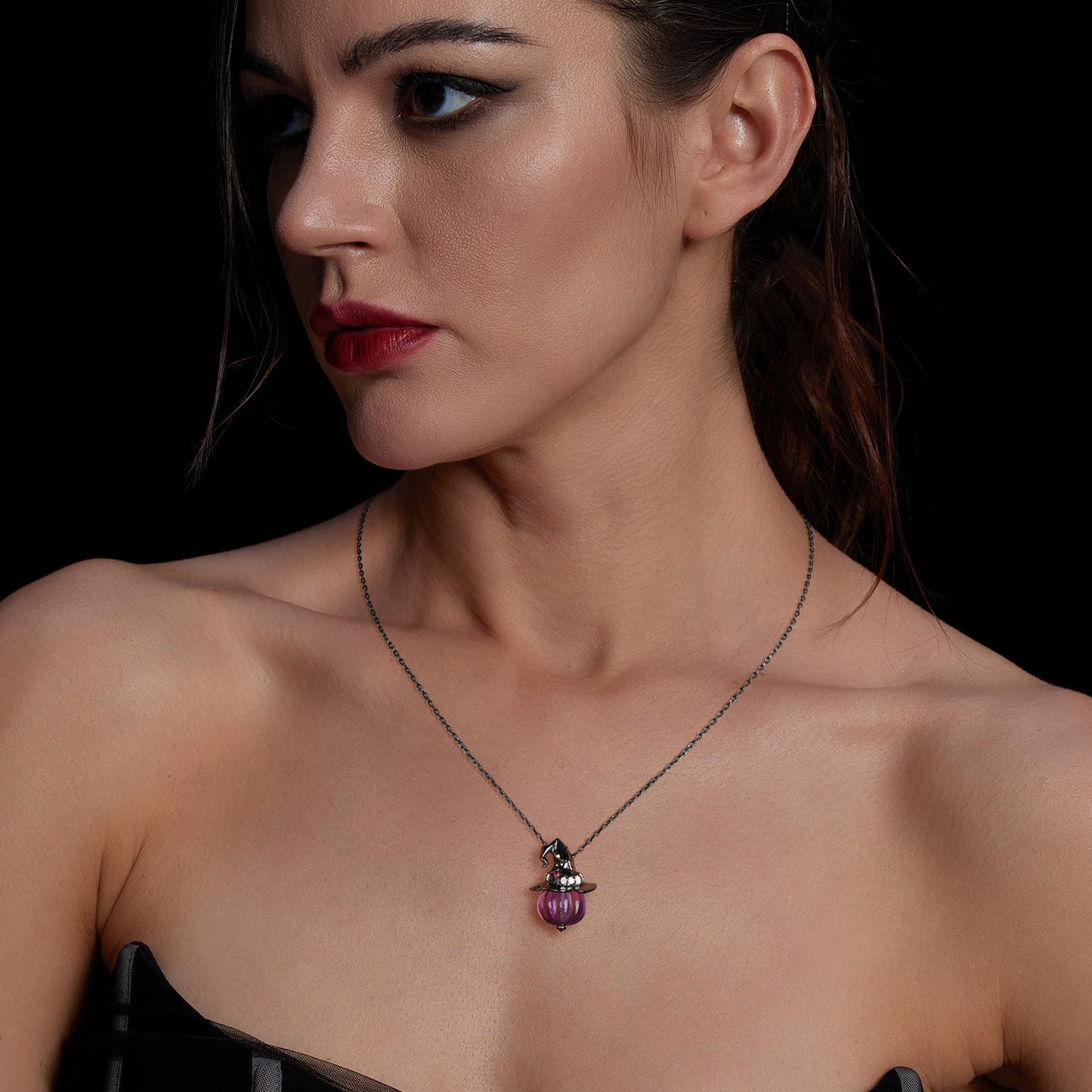 Amethyst Pumpkin Shaped Gemstone Pendant Necklace Halloween Gothic Jewelry - The Wicked Pumpkin