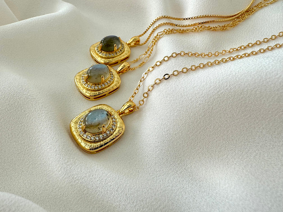 Gold Filled Oval Labradorite Pendant Square Framed Gemstone Pave Necklace Figaro Box Chain