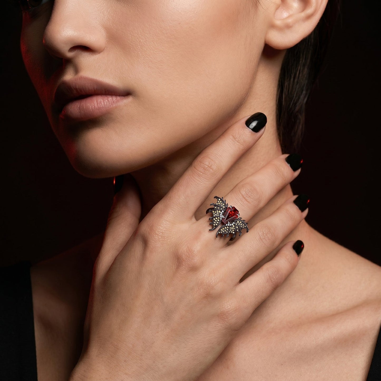 Gothic Dragon Inspired Coffin Garnet Non-Traditional Loong Black Gold Engagement Ring - Dragon Ring