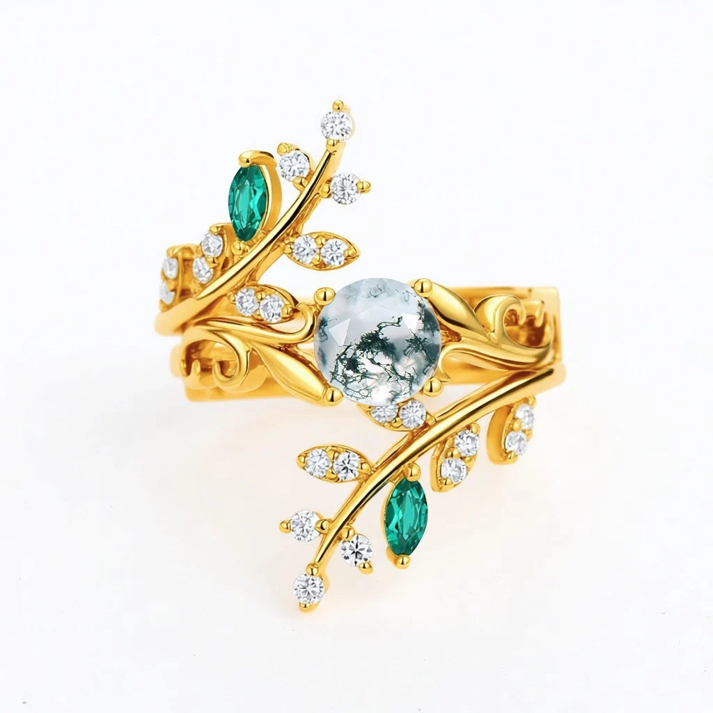 Forest Bloom – Round Cut Moss Agate & Emerald Engagement Rings