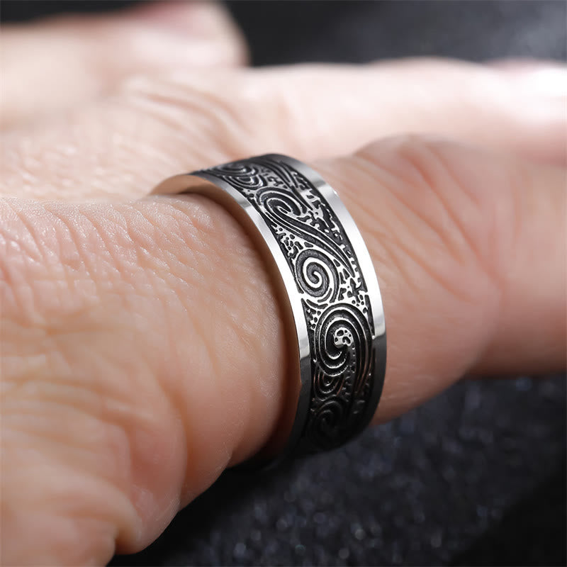 Fortune Jewel Vintage Wave Auspicious Clouds Engraved Pattern Titanium Steel Balance Ring