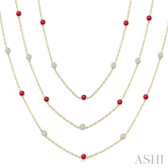 Round Shape Gemstone & Diamond Station Necklace
