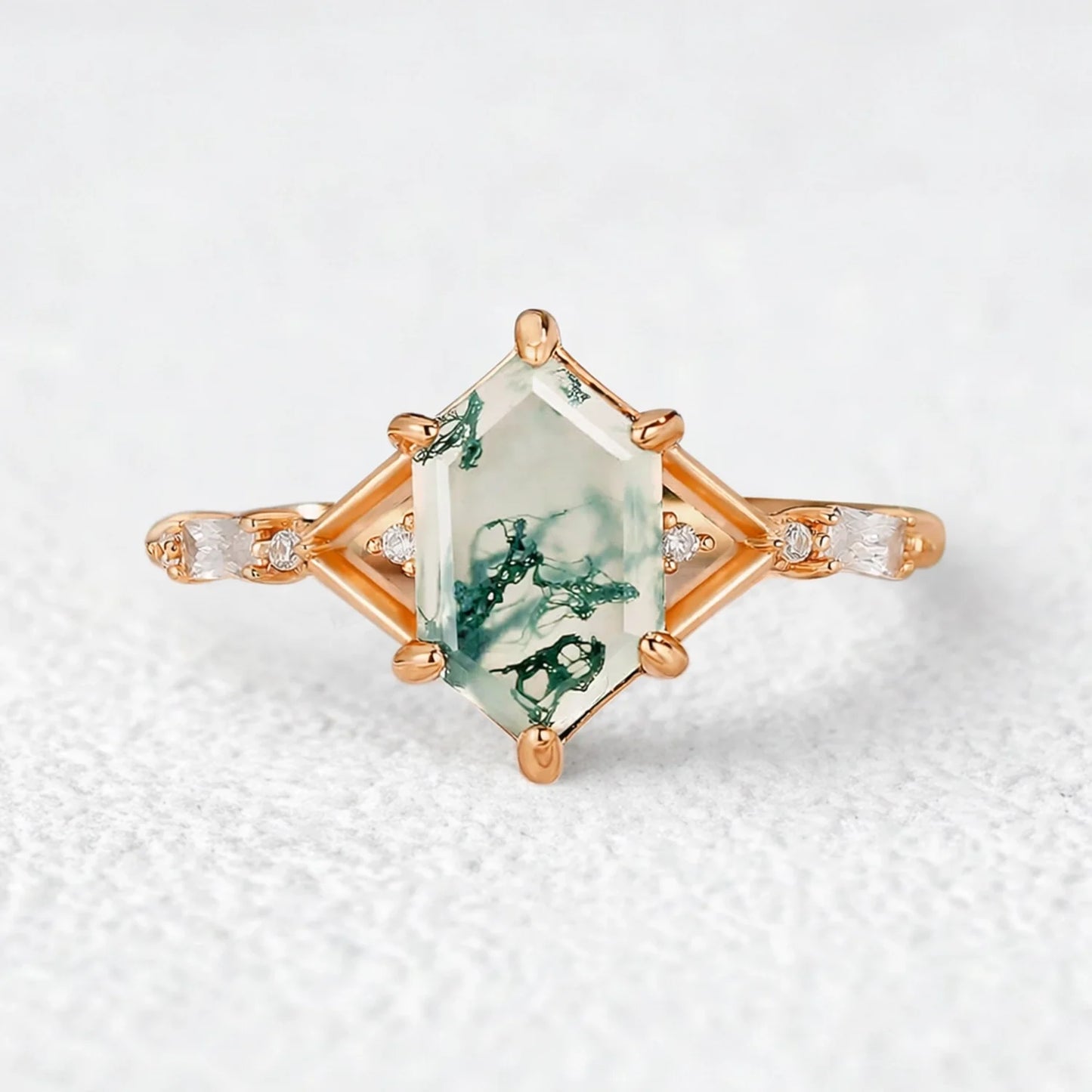 Isadora’s Imprint | Hexagon Cut Moss Agate Engagement Ring