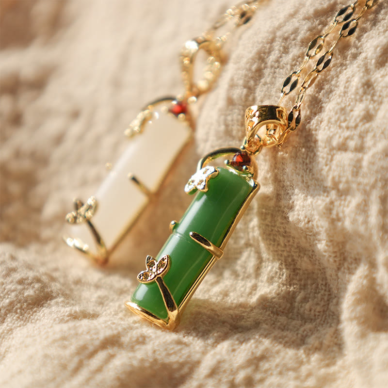 Fortune Jewel White Jade Cyan Jade Bamboo Luck Protection Necklace Pendant