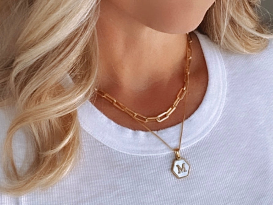 Gold Hexagon Mother of Pearl Letter Pendant Necklace - Gold Filled Chain