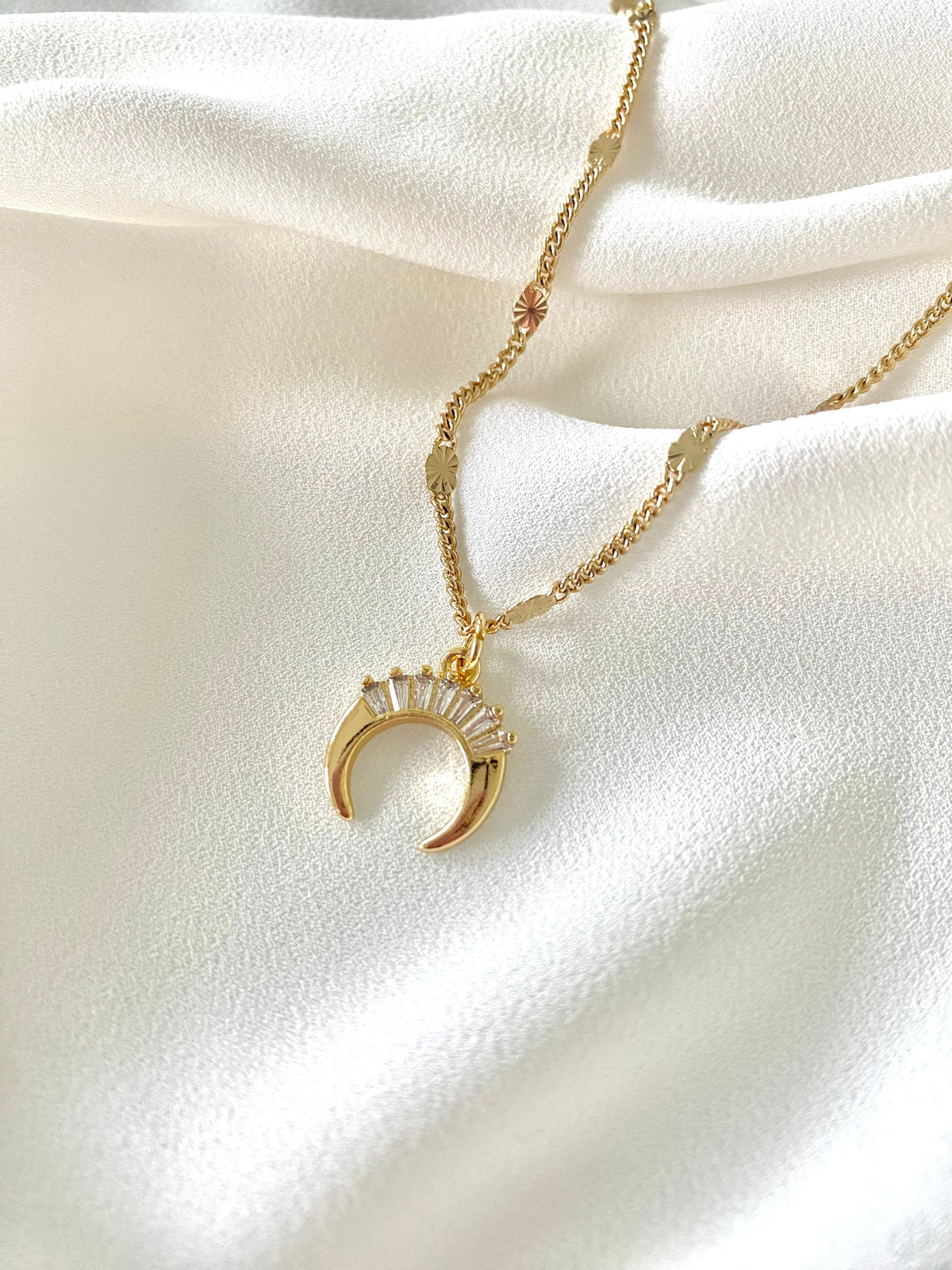 Dainty Gold Filled Crescent Moon with Crystals Pendant Necklace