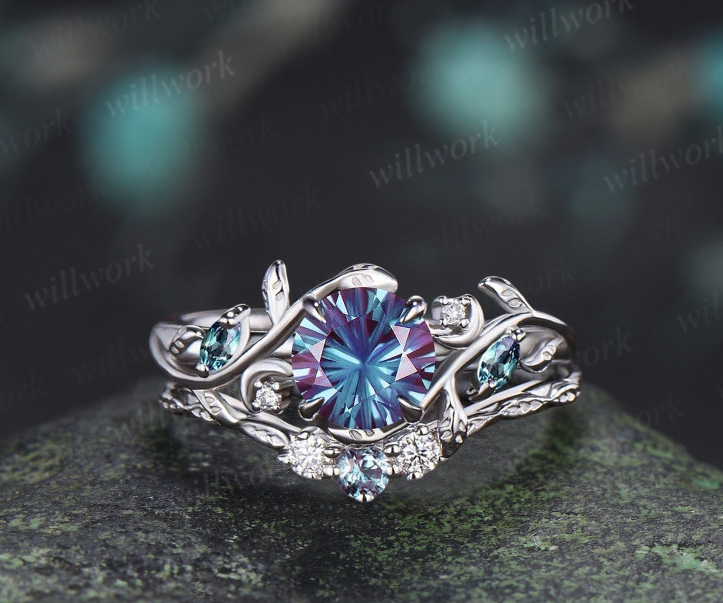 1CT Fireworks Cut Alexanrite Ring Set Leaf Vine Art Deco Moon Promise Ring Diamond Alexandrite Wedding Band Vintage Bridal Set