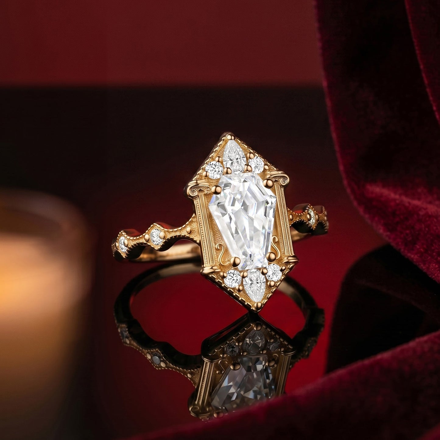 Vampire Shield – Vintage Art Deco Coffin Cut Moissanite Fallen Aegis Engagement Ring