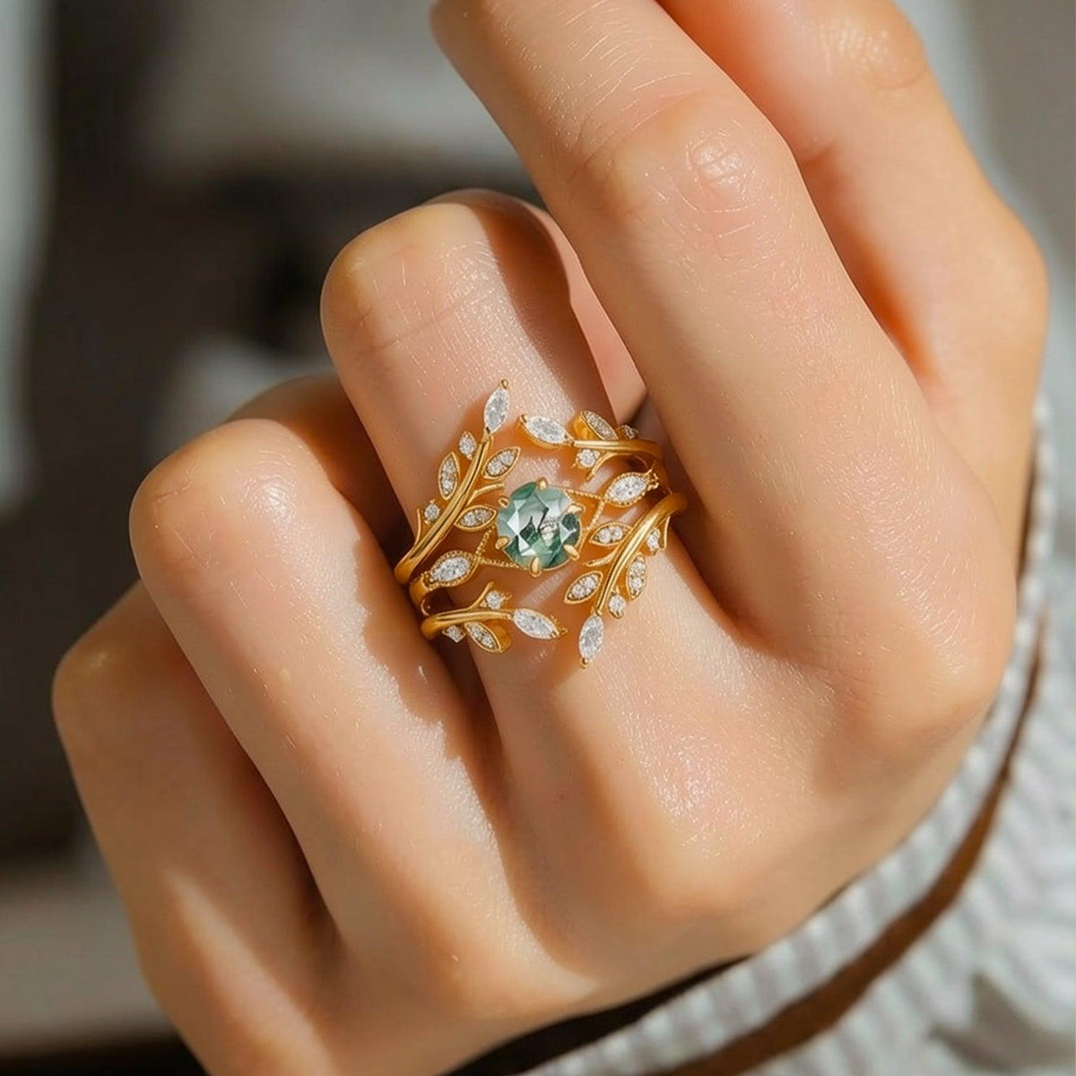 Zinnia’s Thicket | Round Cut Moss Agate Leafy Cage Bridal Set 2pcs