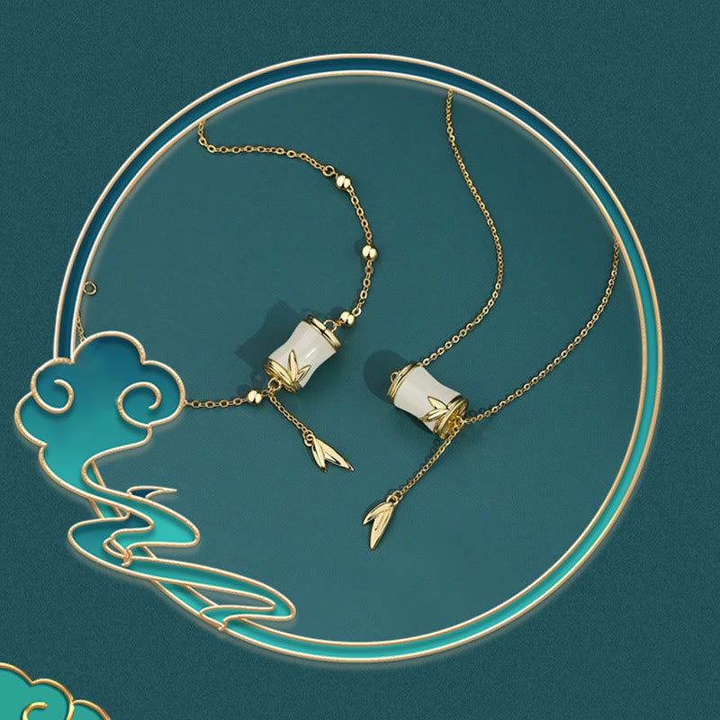 Fortune Jewel 925 Sterling Silver 22K Gold Hetian White Jade Bamboo Leaf Luck Necklace Pendant Bracelet