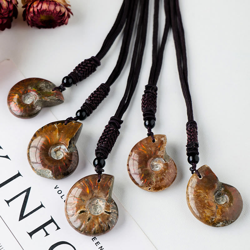 Fortune Jewel Natural Ammonite Fossil Snail Pattern Meditation Healing Necklace Pendant