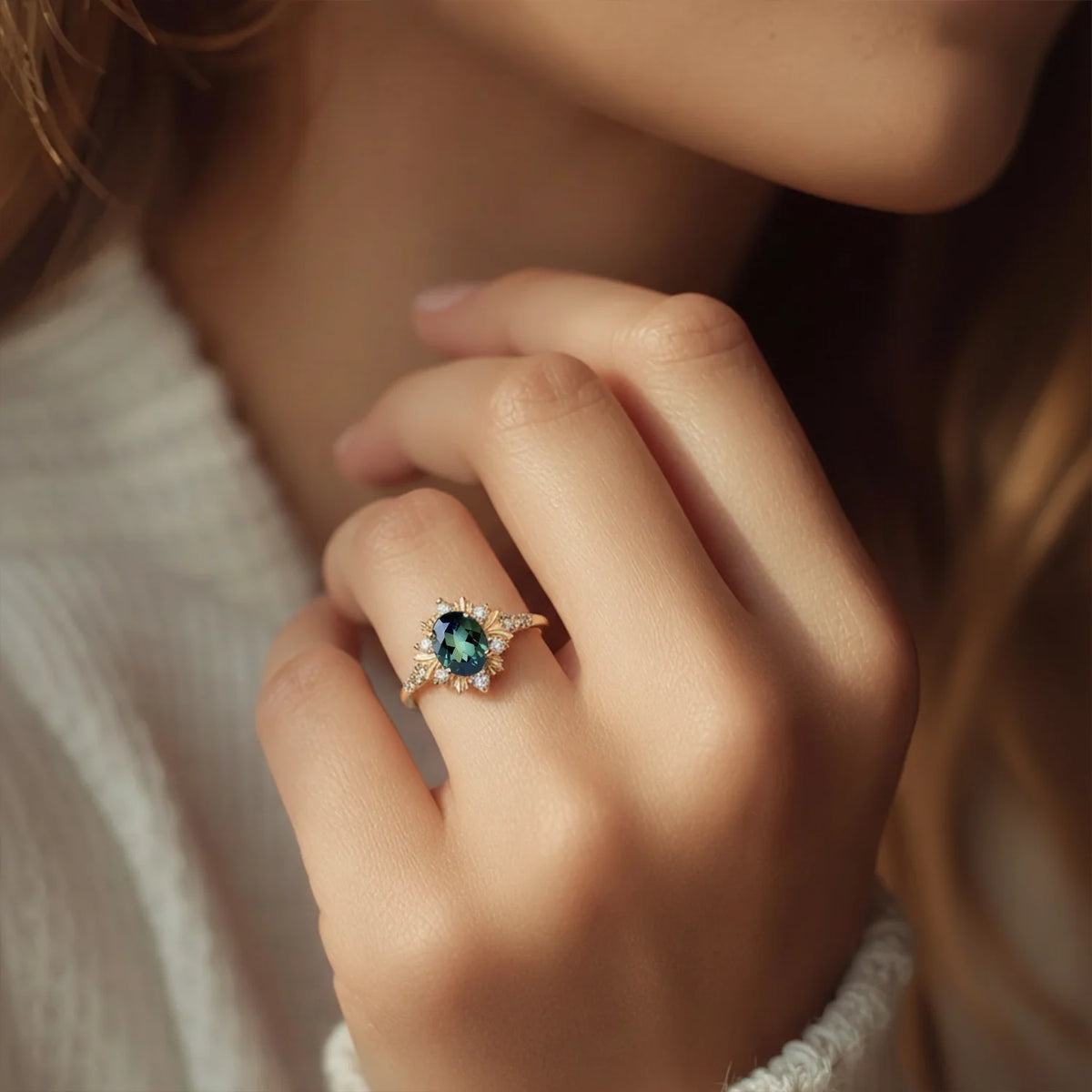 Alexandra’s Verdure | Vintage Oval Emerald Halo Engagement Ring