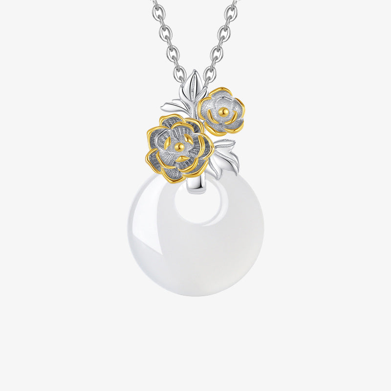 Fortune Jewel 925 Sterling Silver Round Chalcedony Twelve Months Flower Harmony Necklace Pendant