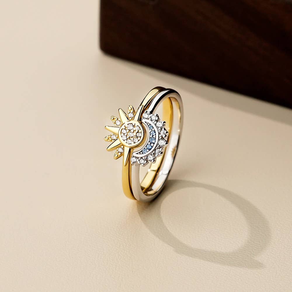 S925 Sterling Silver Micro-Diamond Sun and Moon Couple Ring: Silver size N
