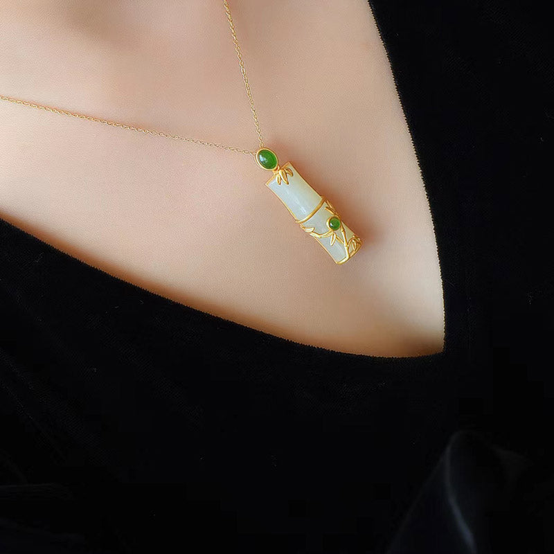 Fortune Jewel White Jade Cyan Jade Bamboo Protection Necklace Pendant