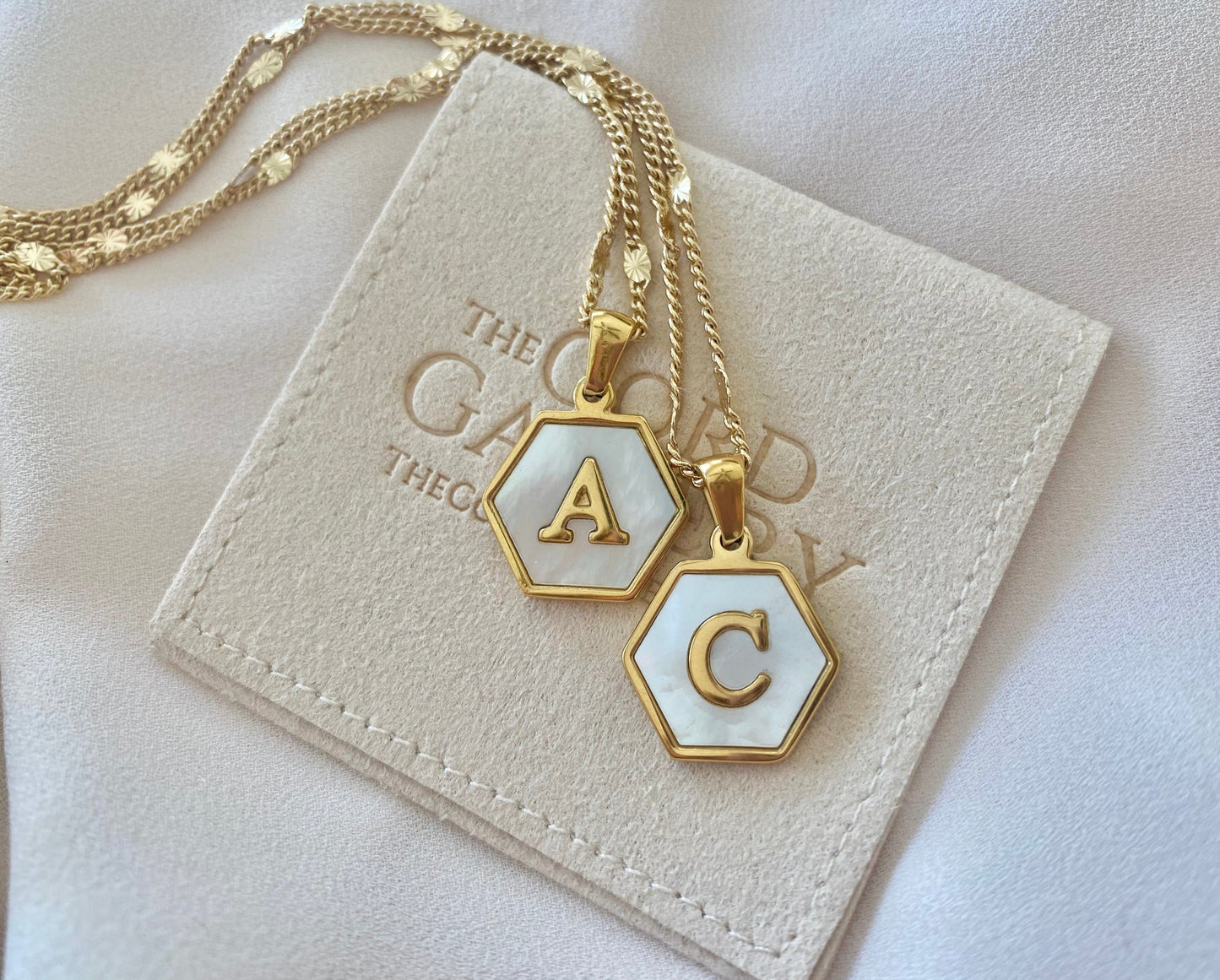 Gold Hexagon Mother of Pearl Letter Pendant Necklace - Gold Filled Chain - Customizable Gifts
