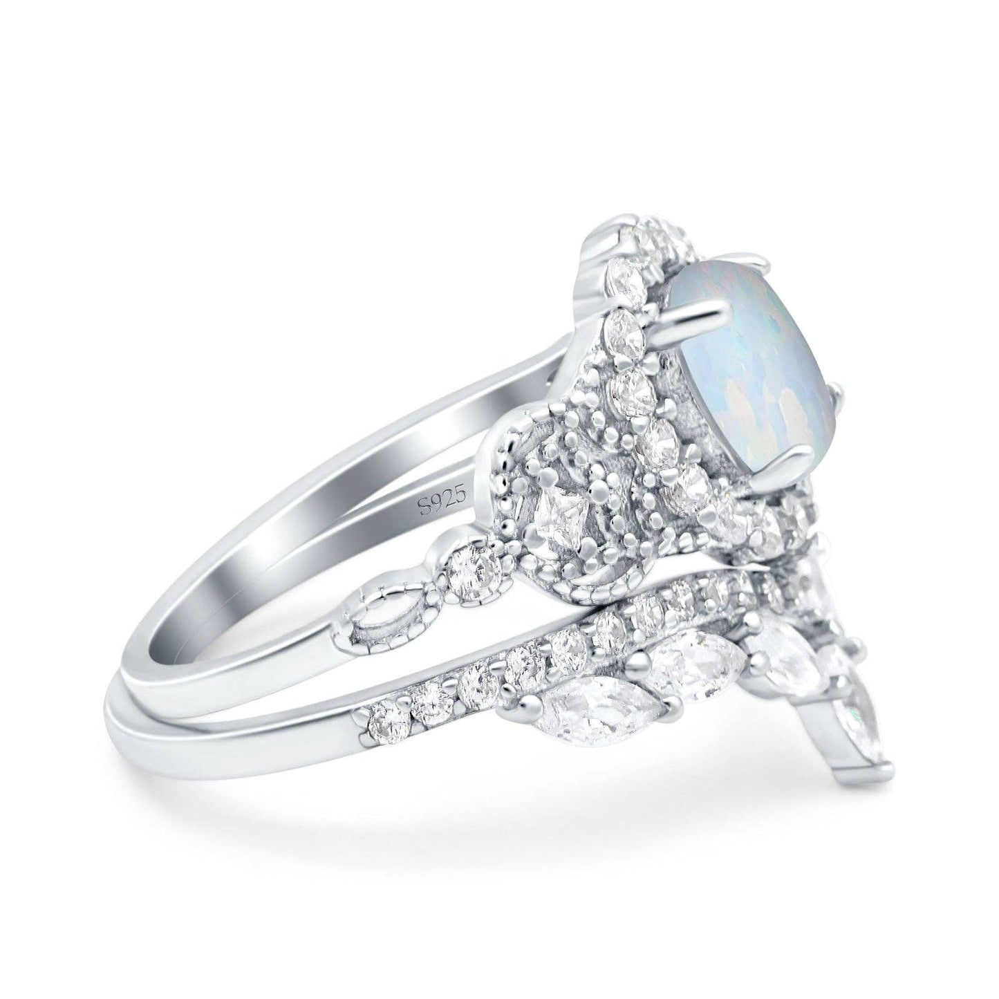Oval Accent Vintage Lab Created White Opal Wedding Band Bridal Ring: Lab Created White Opal size o1/2