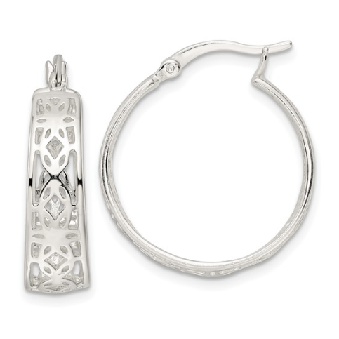 Sterling Silver Polished Cut-out Floral Round Hoops