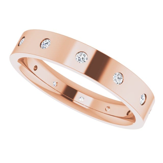 4mm wide Diamond, Moissanite or Sapphire Flush Set Eternity Flat Wedding Band