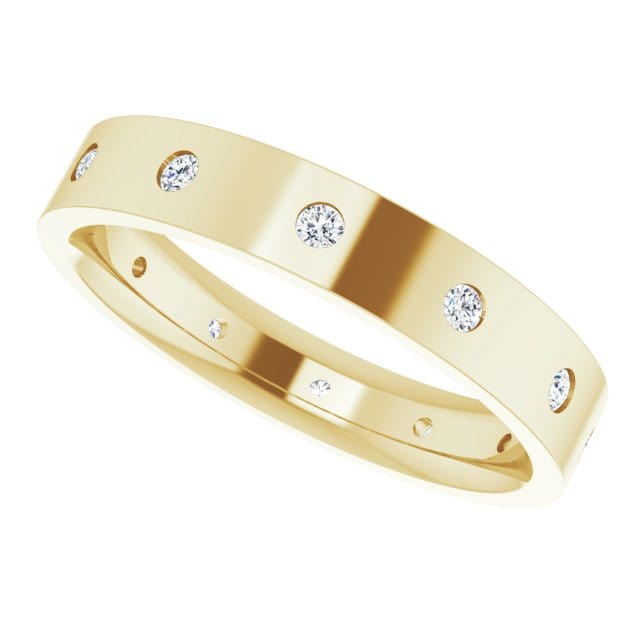 4mm wide Diamond, Moissanite or Sapphire Flush Set Eternity Flat Wedding Band