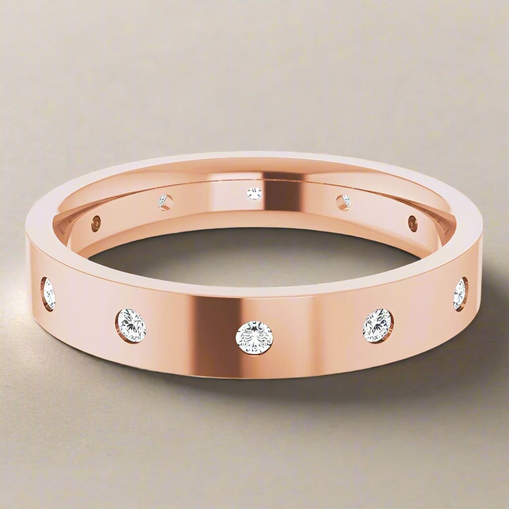 4mm wide Diamond, Moissanite or Sapphire Flush Set Eternity Flat Wedding Band