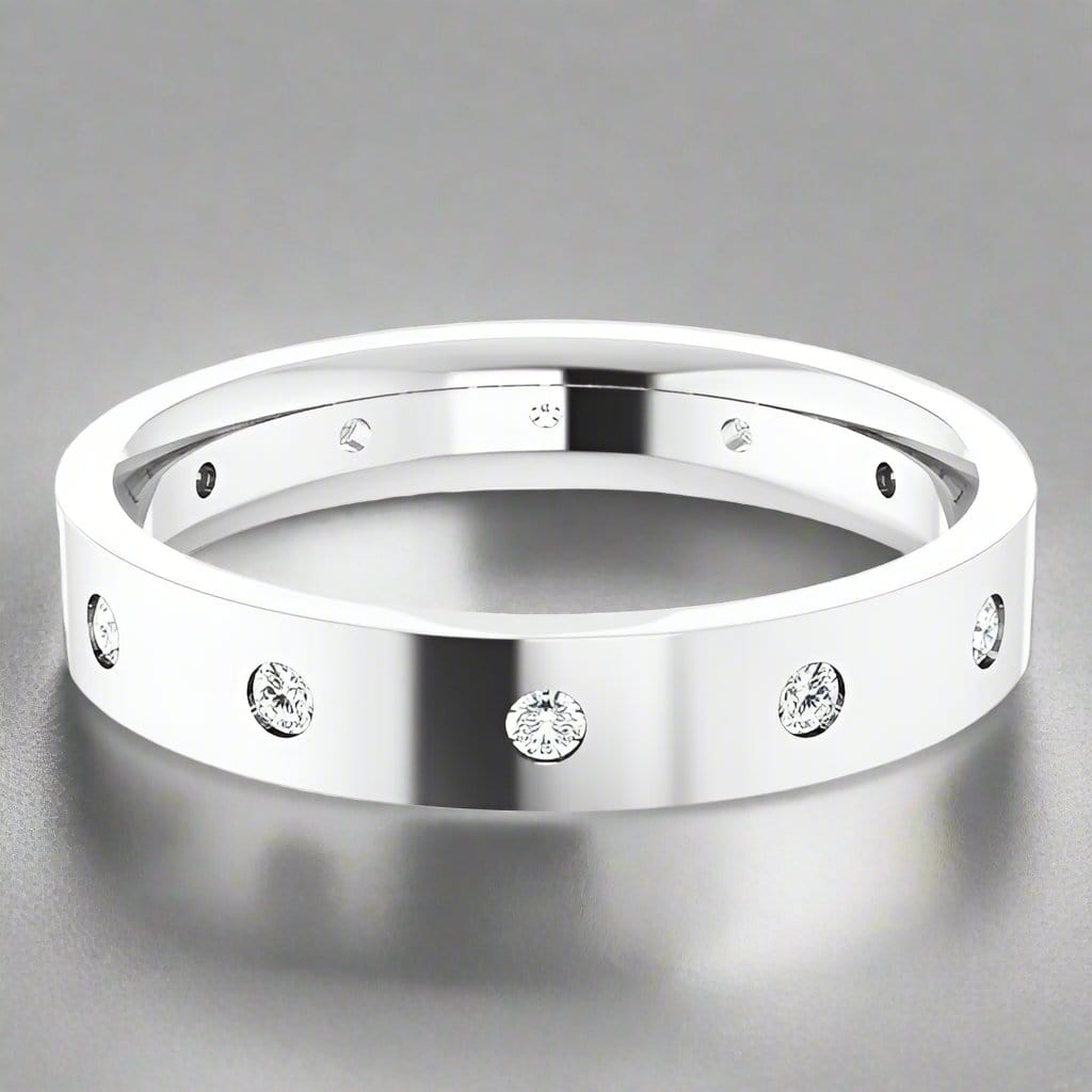 4mm wide Diamond, Moissanite or Sapphire Flush Set Eternity Flat Wedding Band