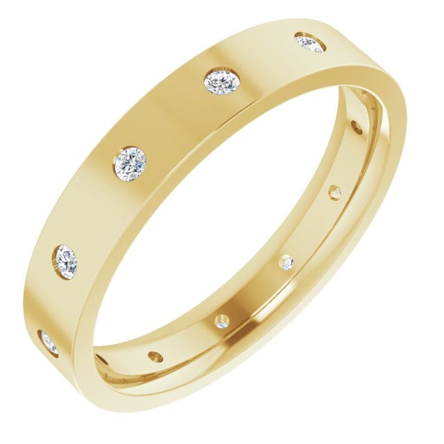 4mm wide Diamond, Moissanite or Sapphire Flush Set Eternity Flat Wedding Band