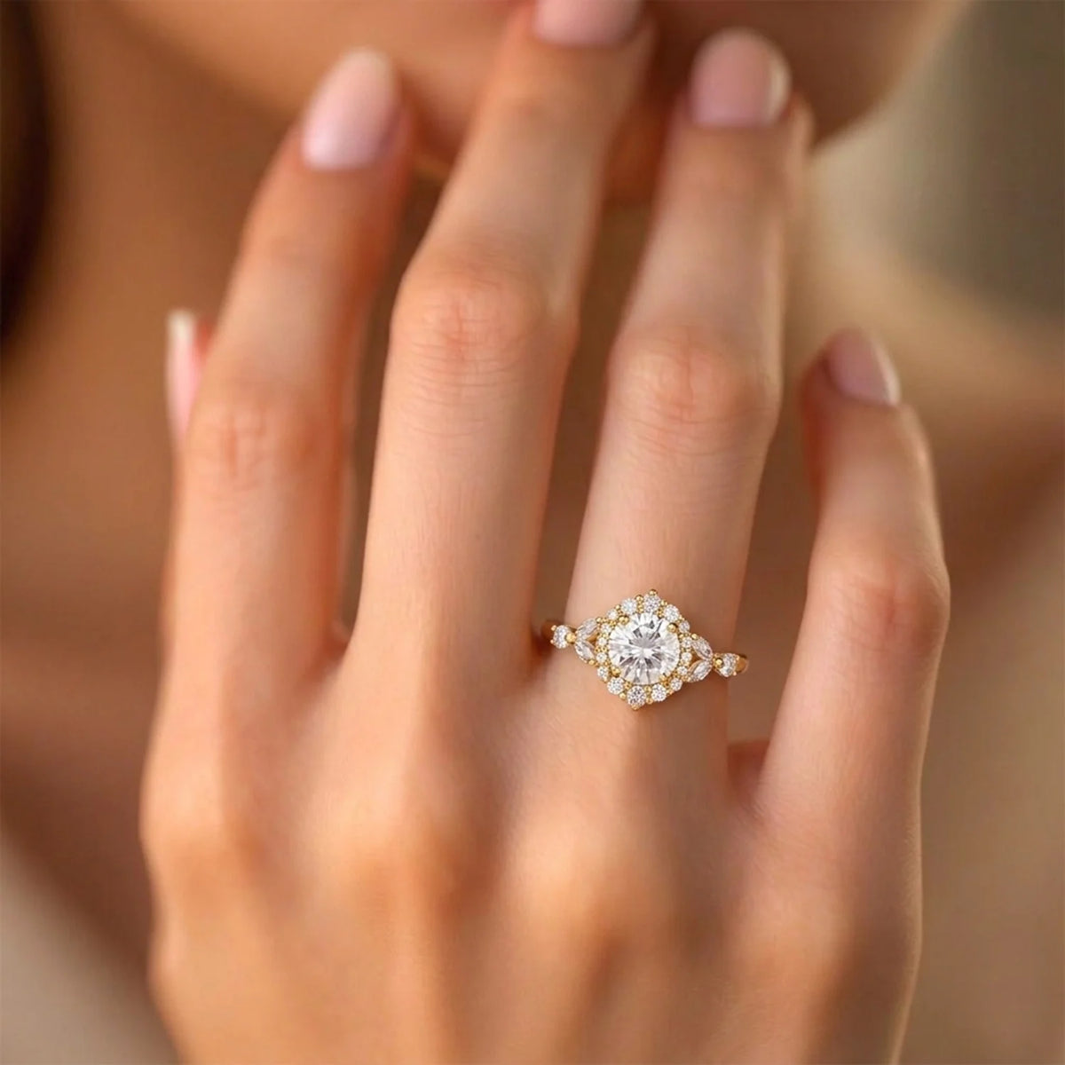 Aurora’s Radiance | Vintage Round Diamond Halo Engagement Ring