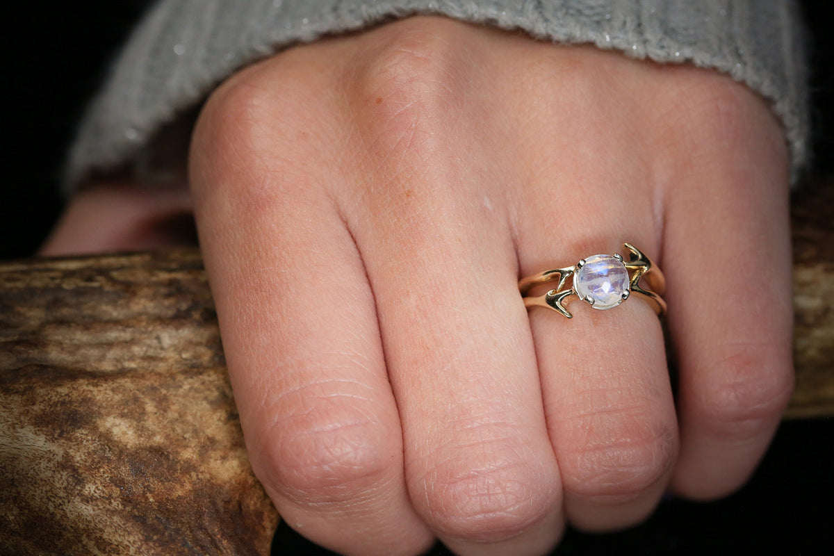 "Artemis" - Round Moonstone Engagement Ring With An Antler-Stacking Band
