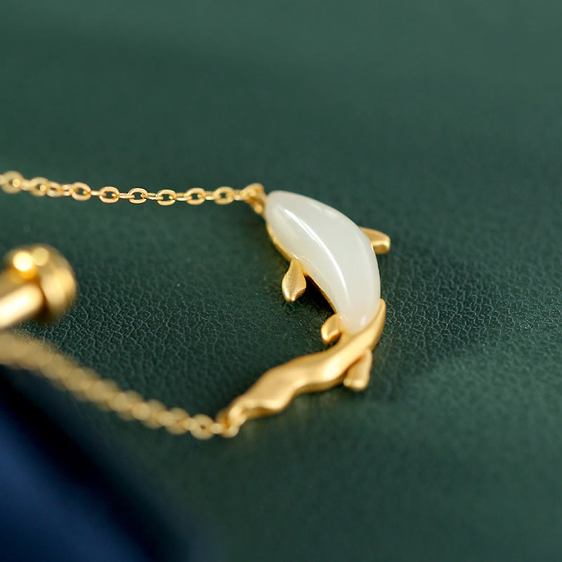 Fortune Jewel 925 Sterling Silver White Jade Dolphin Luck Necklace Pendant