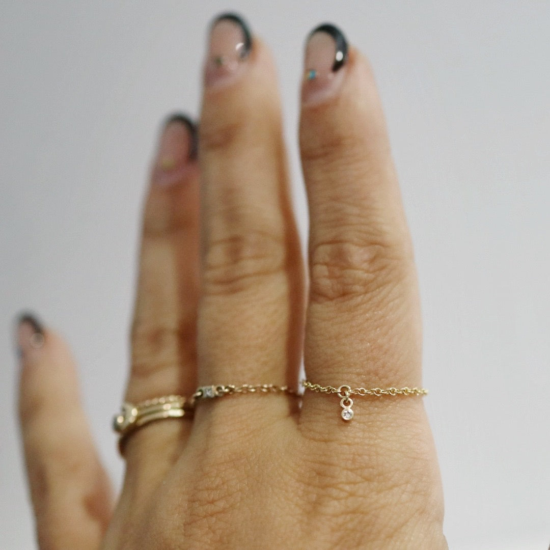 Tiny Lab Diamond Charm and chain ring in  14 Karat Yellow Gold / READY TO SHIP SIZE 9.5