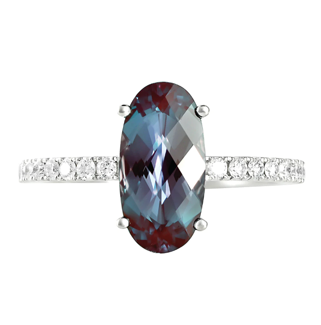 14KW Chatham Oval Lab-Grown Alexandrite and Diamond Ring (Size 6.5)