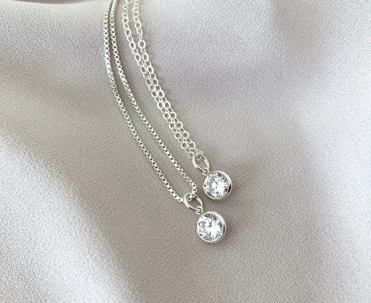 Sterling Silver CZ Charm Necklace April Birthstone Jewelry Silver Box Chain Minimalist Sterling Crystal Pendant Necklace Christmas Gifts