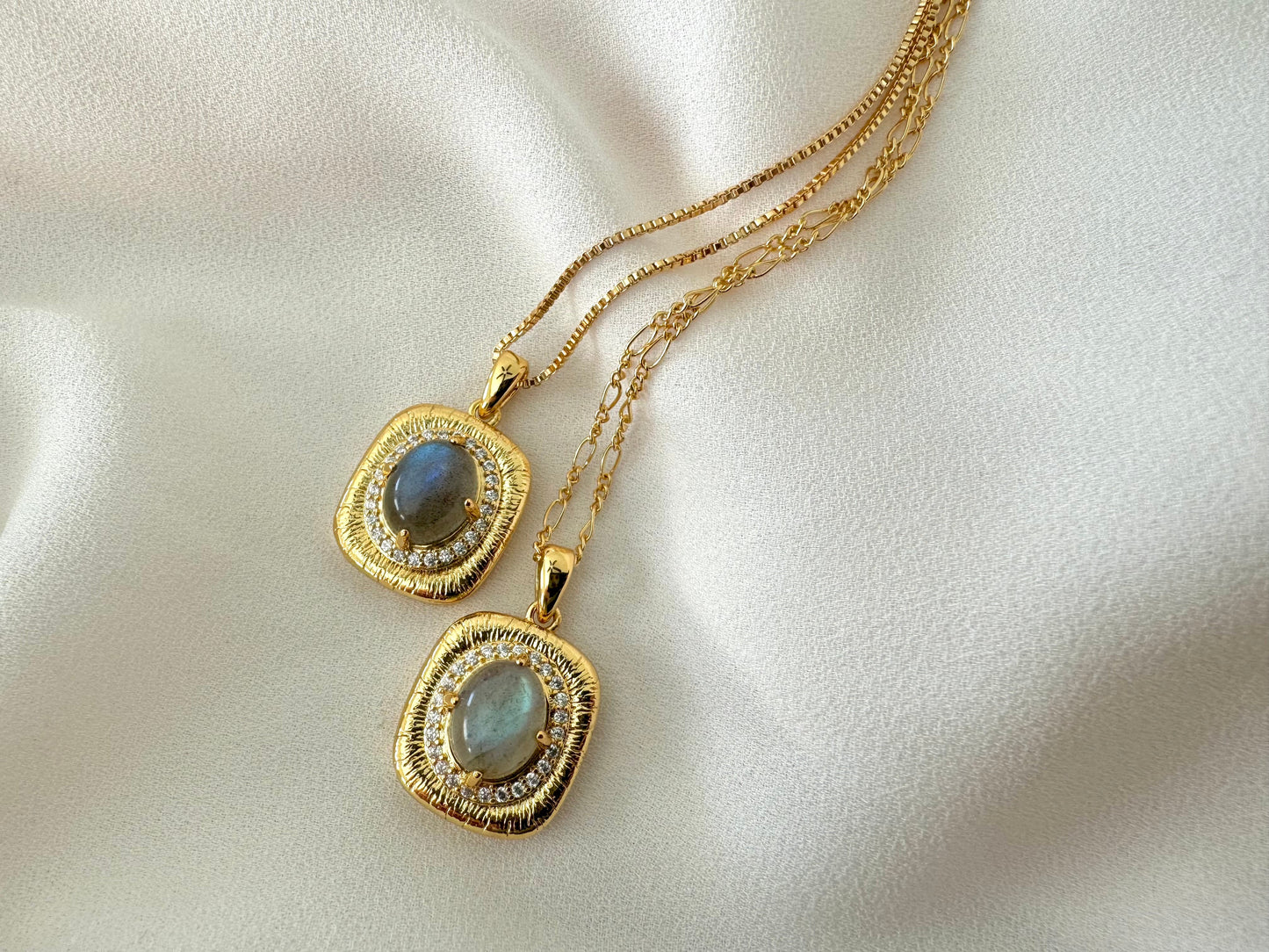 Gold Filled Oval Labradorite Pendant Square Framed Gemstone Pave Necklace Figaro Box Chain